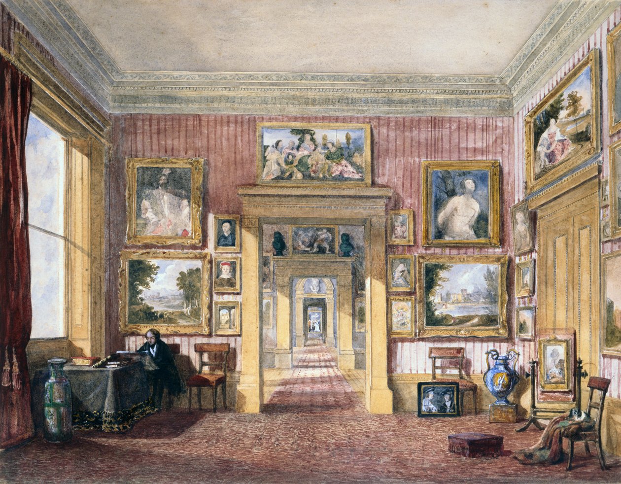Sala de Jantar na Thirlestaine House, Cheltenham, c.1843 (aguarela) de Harriet Rushout (attr. to) Bowles