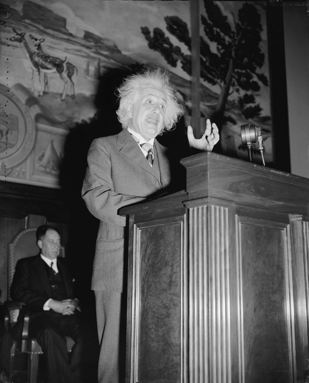 Albert Einstein a discursar, c.1940 (fotografia a preto e branco) de Harris & Ewing