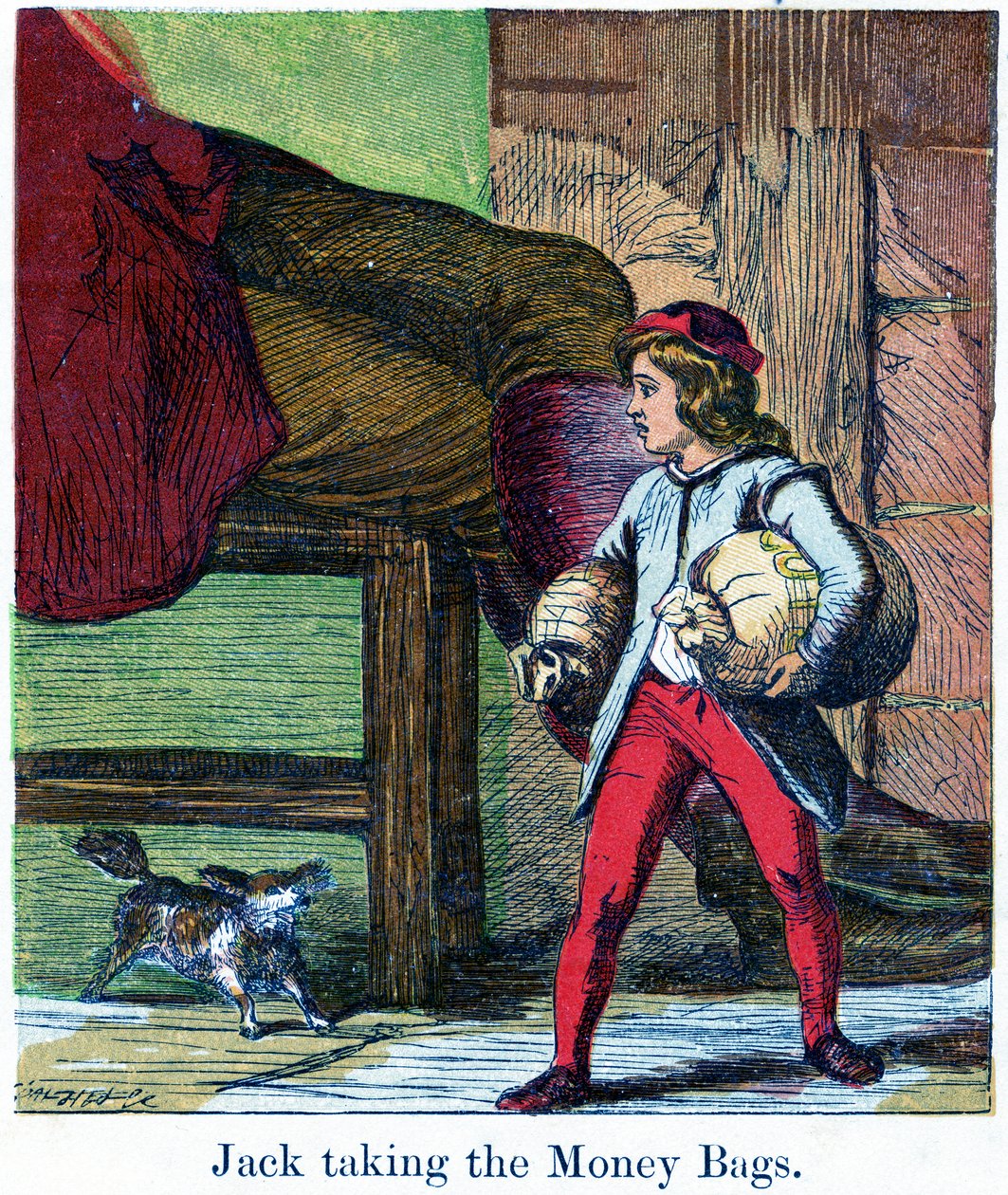 Jack pegando as sacolas de dinheiro do castelo do Gigante, 1867 (chromolitho) de Harrison William Weir