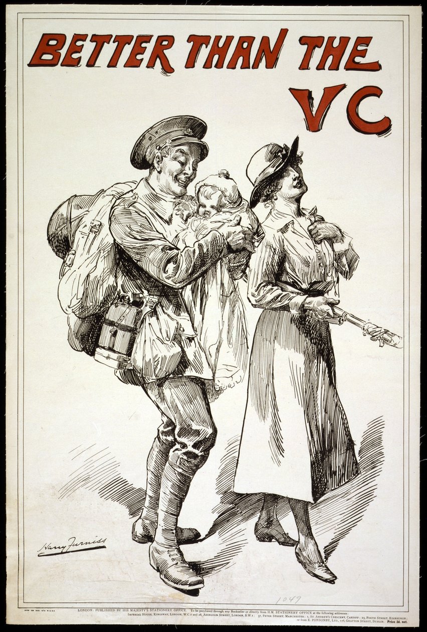 Melhor que o VC. (ie Victoria Cross) - Pôster mostrando um soldado segurando um bebê, enquanto ele segue sua esposa. de Harry Furniss
