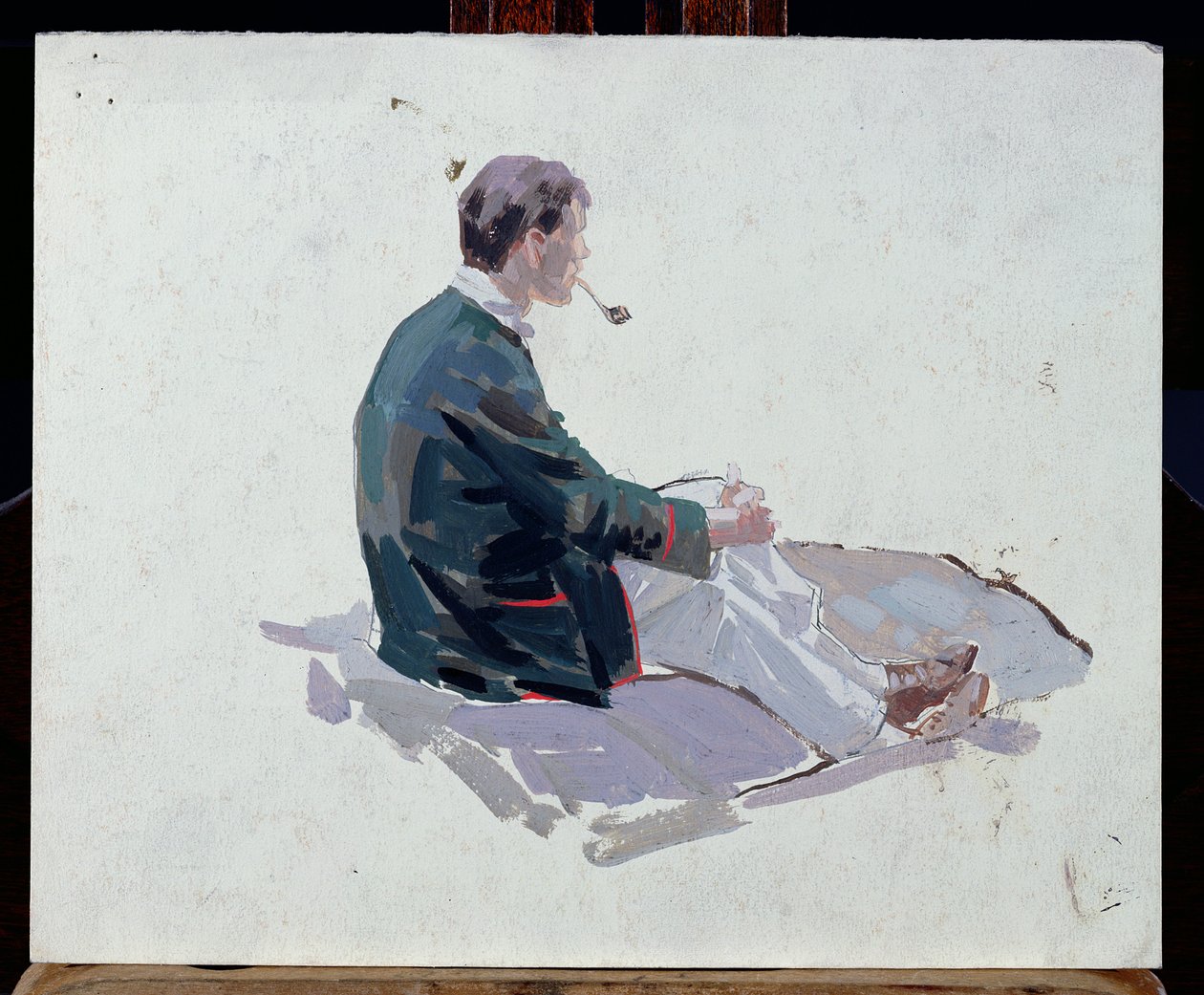 Homem, sentando, pedras, fumar, cano, (oil, paper) de Harry Watson