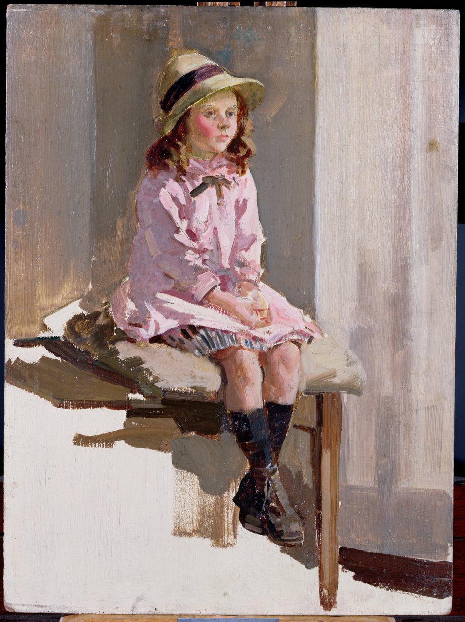 Retrato de uma jovem garota em um vestido rosa e um chapéu de palha (painel) de Harry Watson
