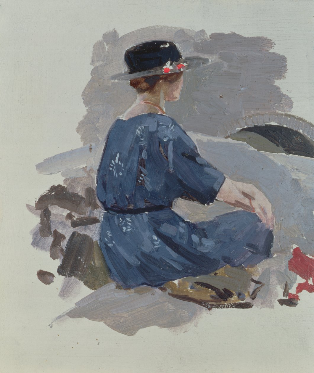Mulher, em, um, vestido azul, e, aba larga, chapéu, sentando, ligado, pedras, (oil, on paper) de Harry Watson