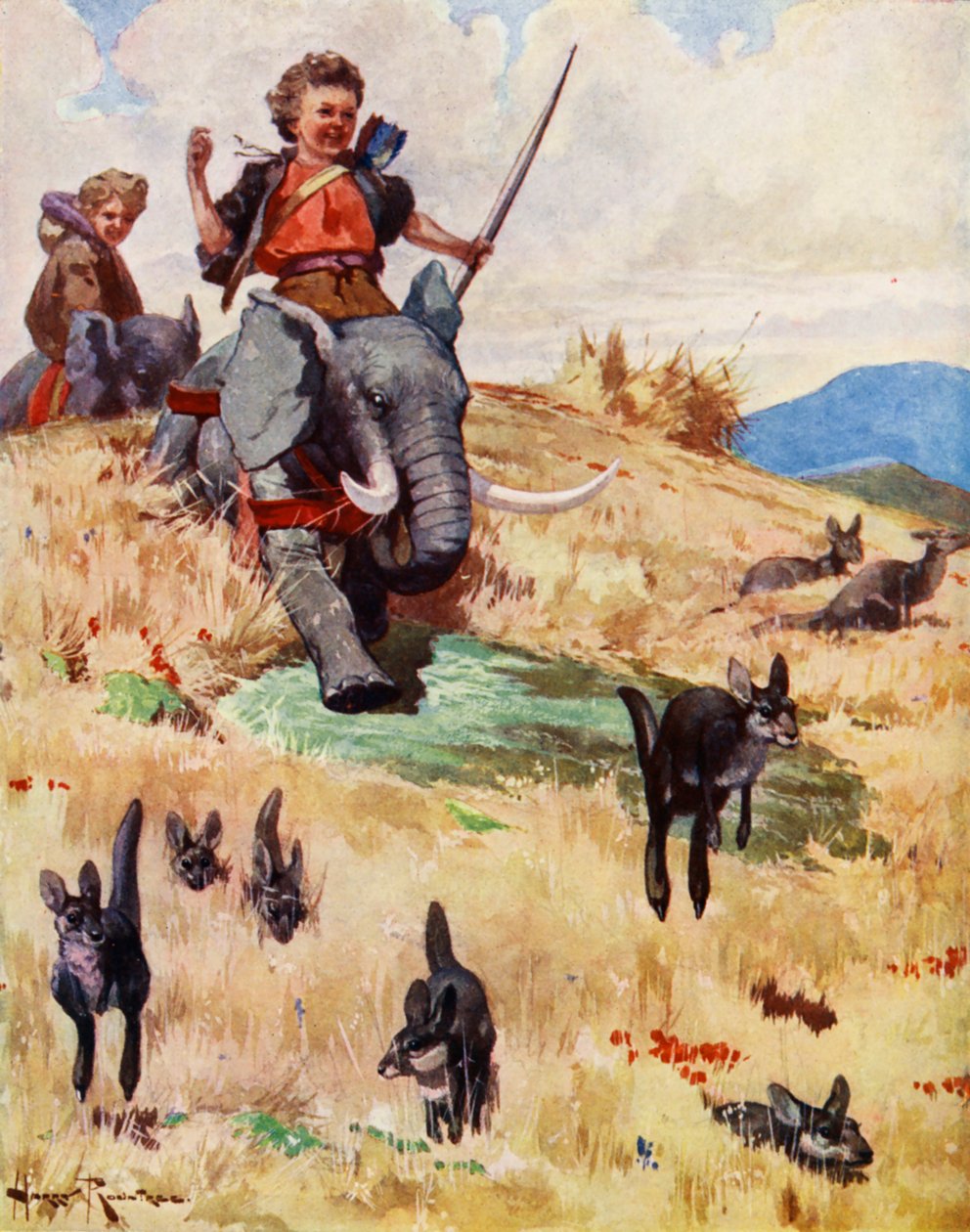 Caça aos Cangurus (litografia a cores) de Harry (1878-1950) Rountree
