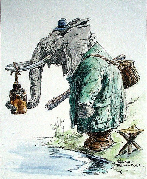O Elefante vai Pescar (caneta, tinta, aquarela e carvão sobre papel) de Harry Rountree