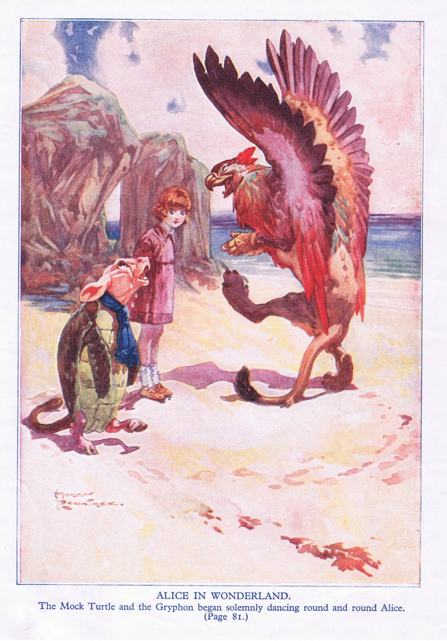 A tartaruga trotada e o Gryphon começaram a enfrentar solenemente Alice redonda e redonda (cor litho) de Harry Rountree