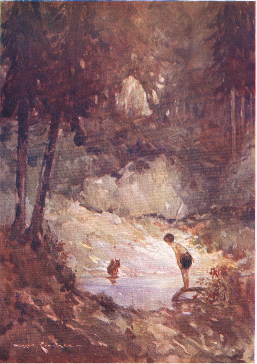 "Você também pode pular agora", disse o esquilo para Gilbert (de The Forest Foundling) (lito colorido) de Harry Rountree