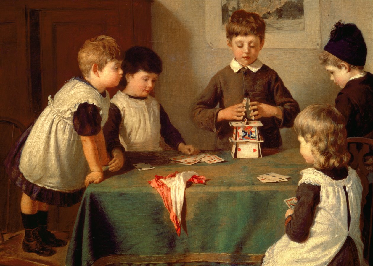 Um Momento Crítico, detalhe de crianças a construir um castelo de cartas de Harry Brooker
