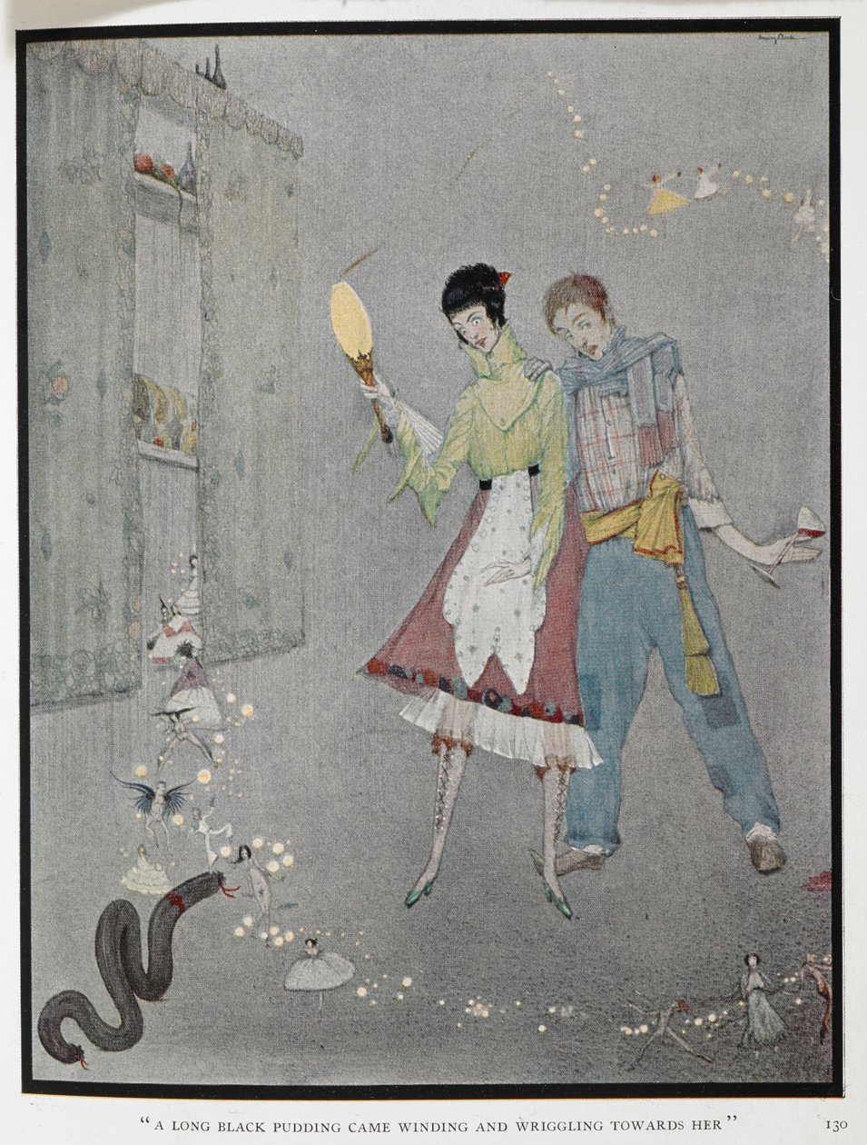 "Um longo pudim preto veio em direção a ela." Uma ilustração para a história "Os desejos ridículos". Harry, um lenhador, e a sua mulher, Fanny, acabam de pedir um desejo por engano. de Harry Clarke
