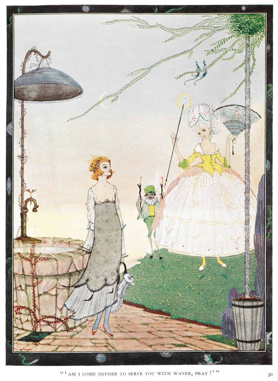 "Vim aqui para vos servir com água, por favor?" Ilustração para a história "A Fada". Uma jovem encontra uma fada com a aparência de uma senhora bem vestida. de Harry Clarke
