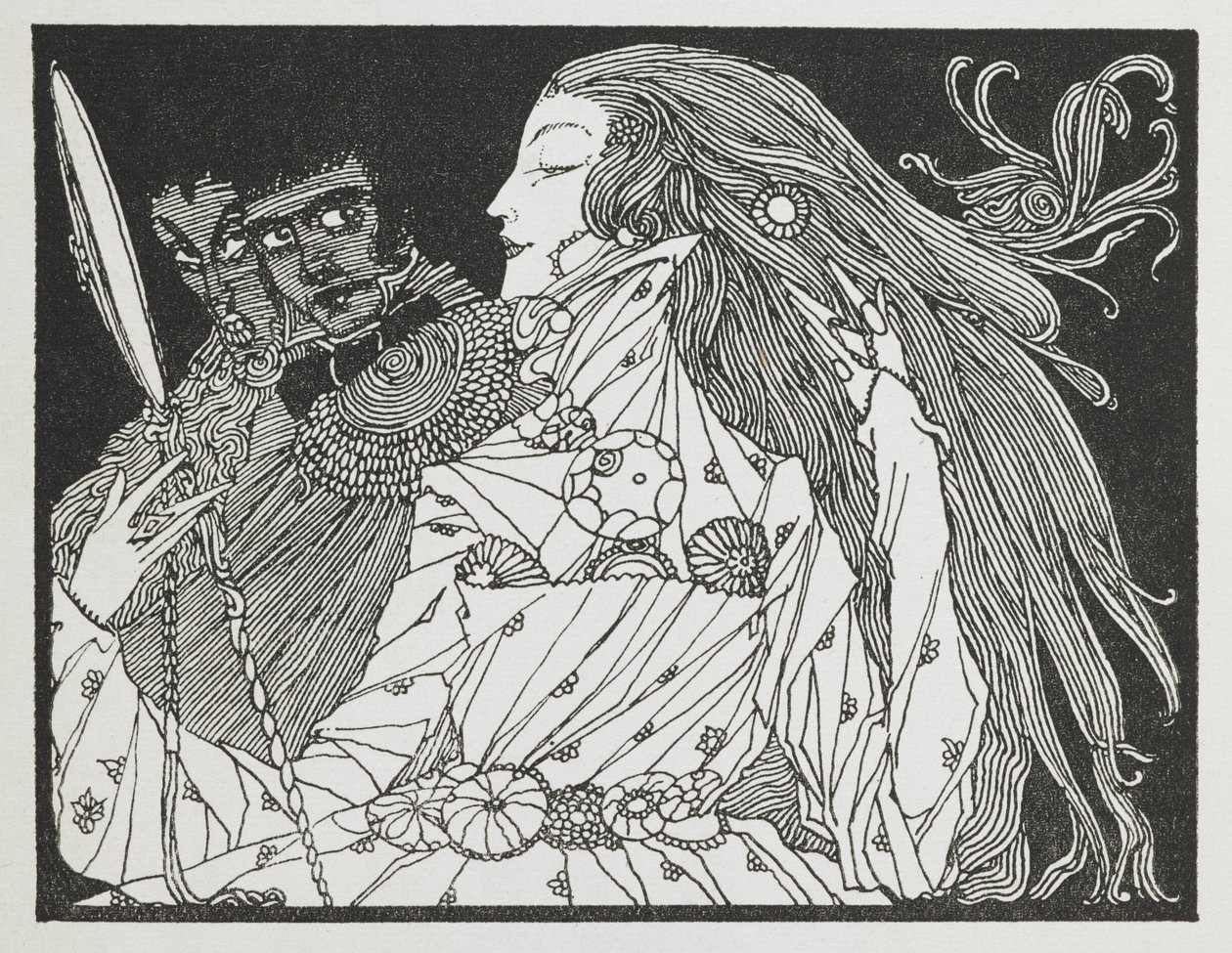 Uma ilustração para a história "Cinderela". Uma mulher a olhar para o seu reflexo num espelho de mão de Harry Clarke