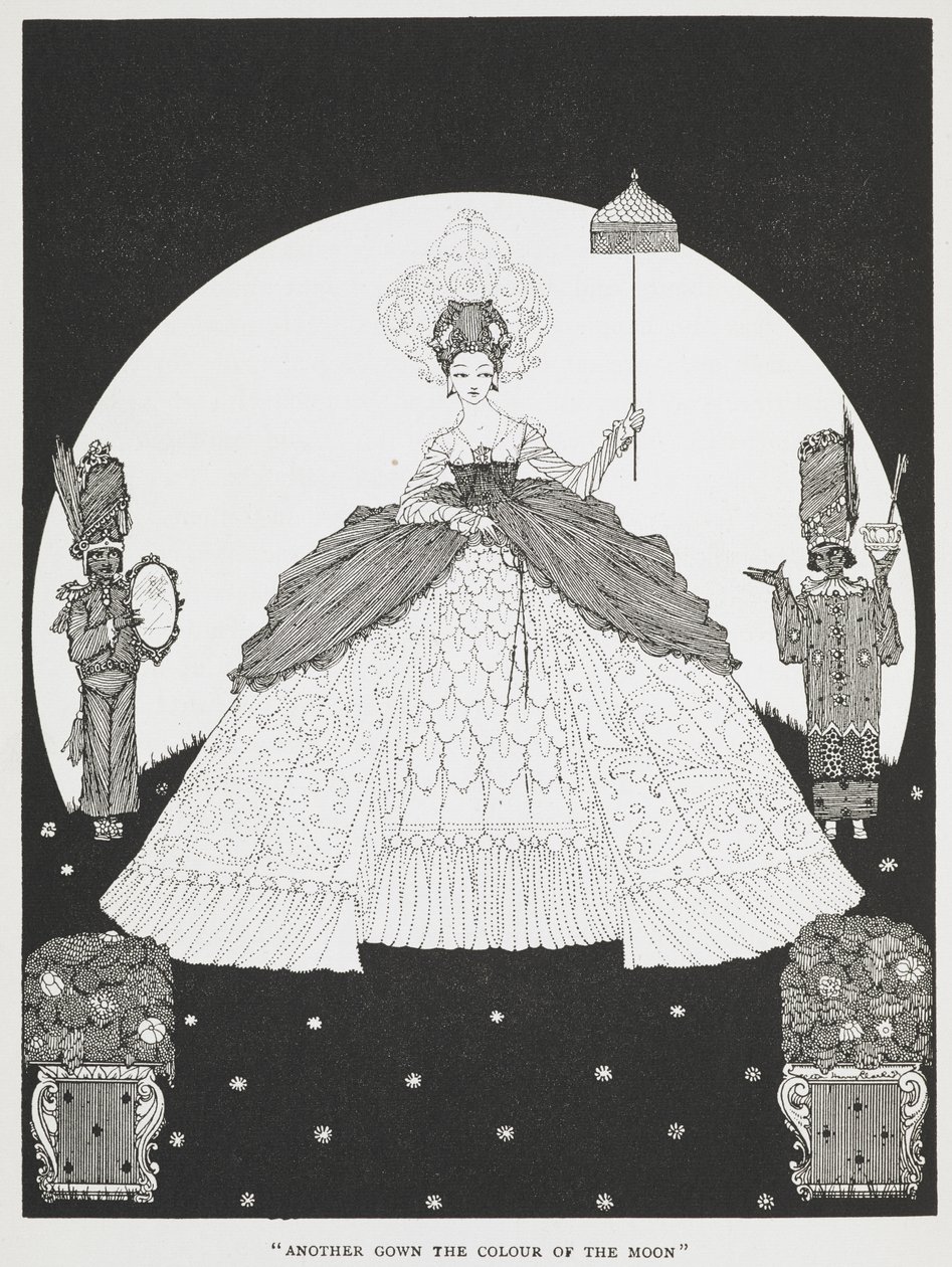 "Outro vestido da cor da lua". Ilustração para a história "Pele de burro". Uma bela princesa segurando um guarda-sol, com dois criados de cada lado. de Harry Clarke