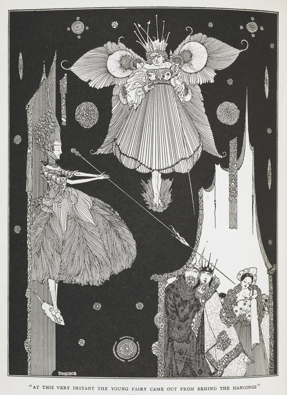 "Nesse preciso momento, a jovem fada saiu detrás das cortinas". Ilustração para a história "A Bela Adormecida no bosque". de Harry Clarke
