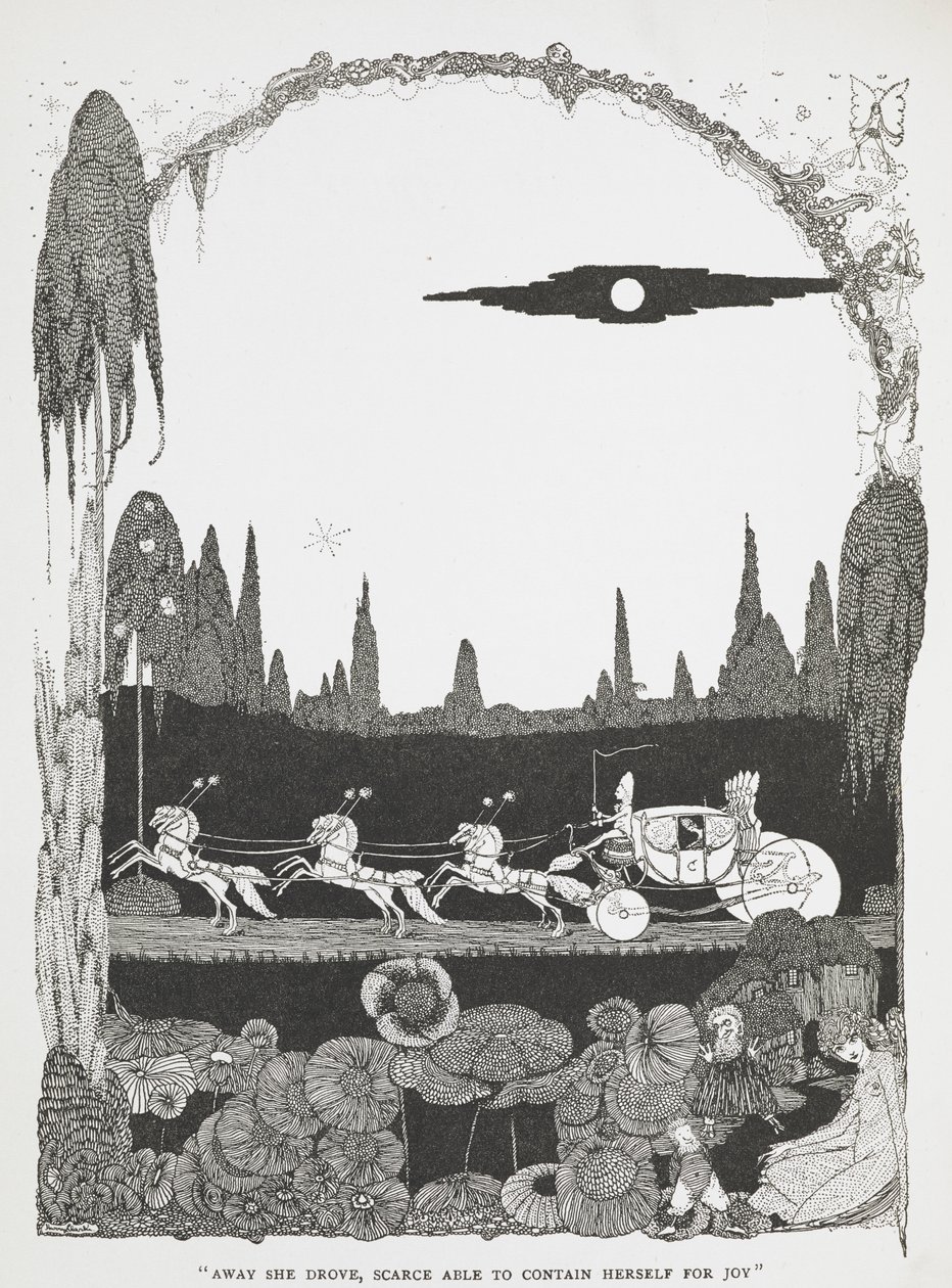 "E lá se foi ela, mal conseguindo conter a sua alegria." Ilustração para a história "Cinderela ou o sapatinho de cristal". de Harry Clarke