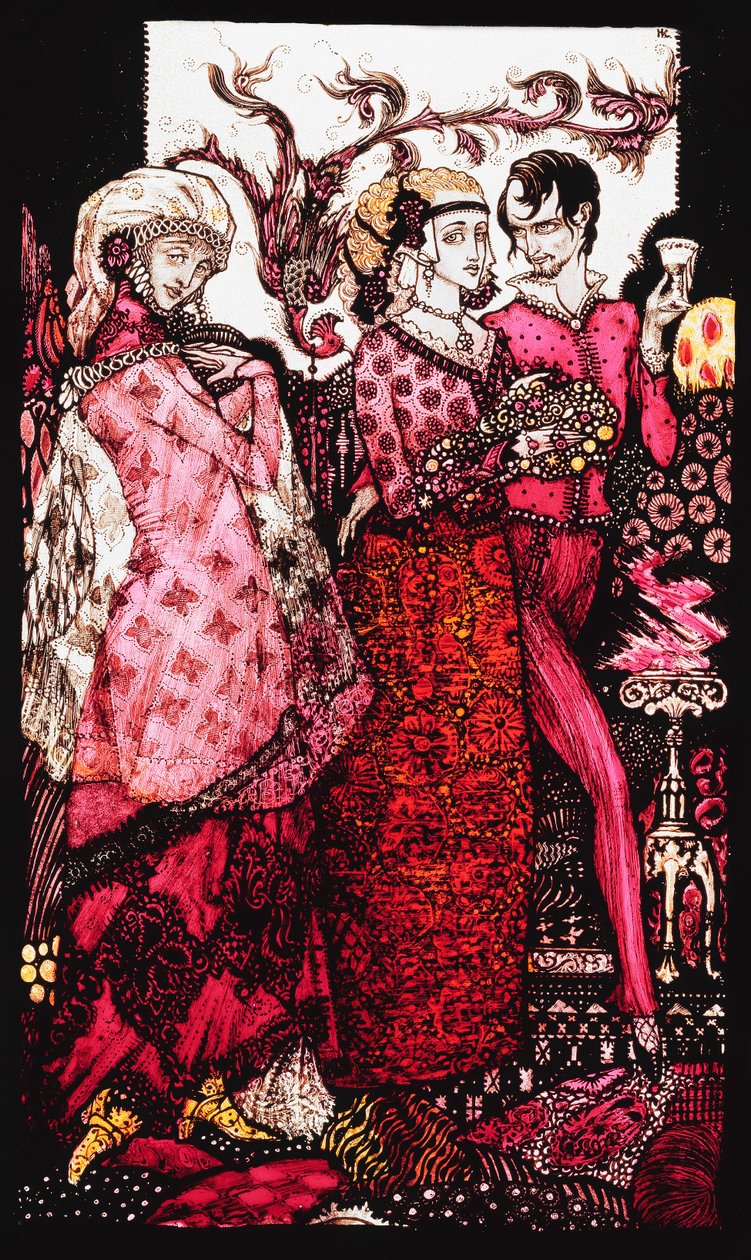 Bert, o Pé Grande, cantado por Villon "." Queens ", nove painéis de vidro acidificados, manchados e pintados, ilustrando o poema de JM Synge, 1917 de Harry Clarke