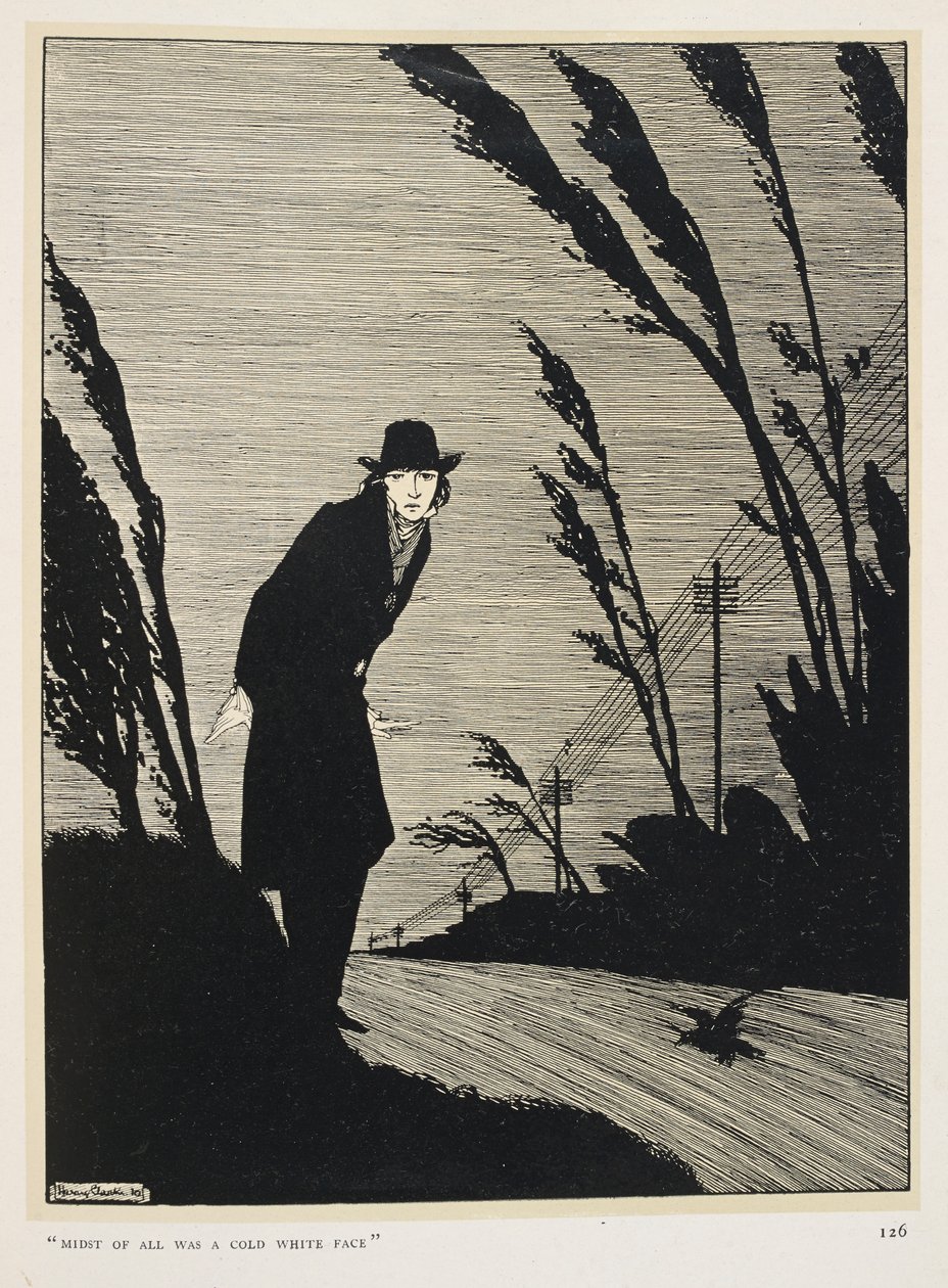 Preto e branco. No meio de tudo, um rosto branco e frio".
Um homem vestido de preto; uma fila de postes telegráficos. de Harry Clarke