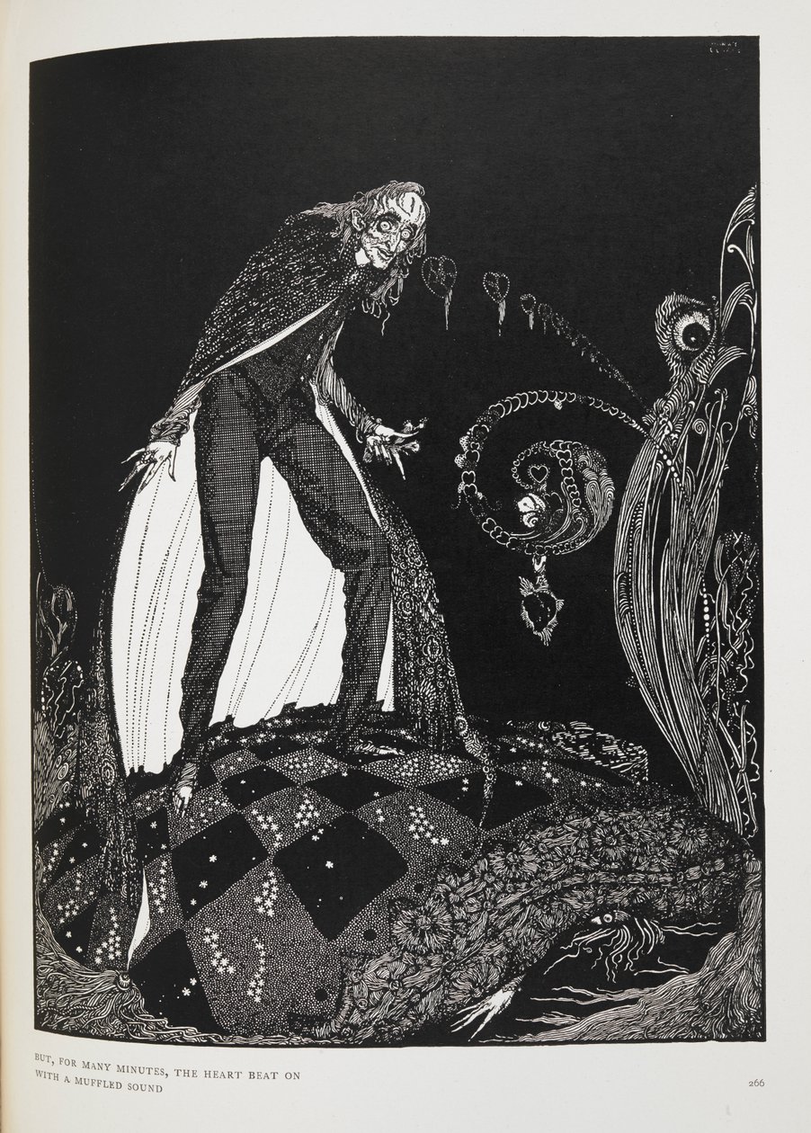 Mas, durante muitos minutos, o coração bateu com um som abafado". Ilustração para o conto "O coração que fala". O narrador a sufocar o velho com a sua própria cama. de Harry Clarke