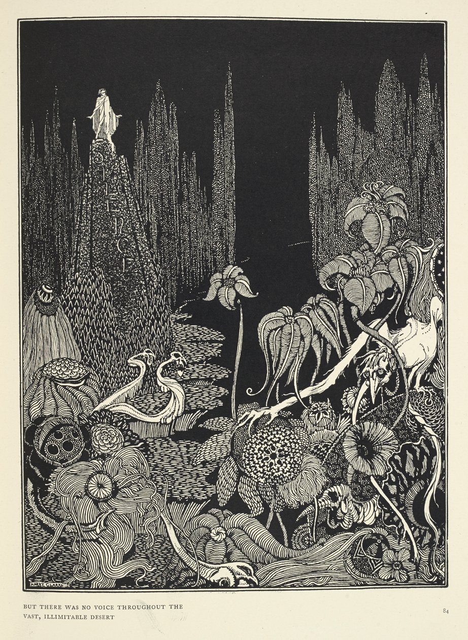 "Mas não havia voz em todo o vasto e ilimitado deserto." Ilustração para "Silêncio - uma fábula". de Harry Clarke
