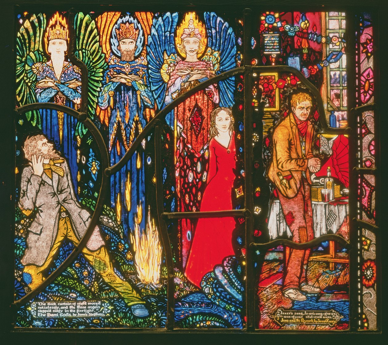 Detalhe da janela de Genebra retratando os Demi Gods por James Stephens e Juno e o Paycock por Sean OCasey, 1929 de Harry Clarke