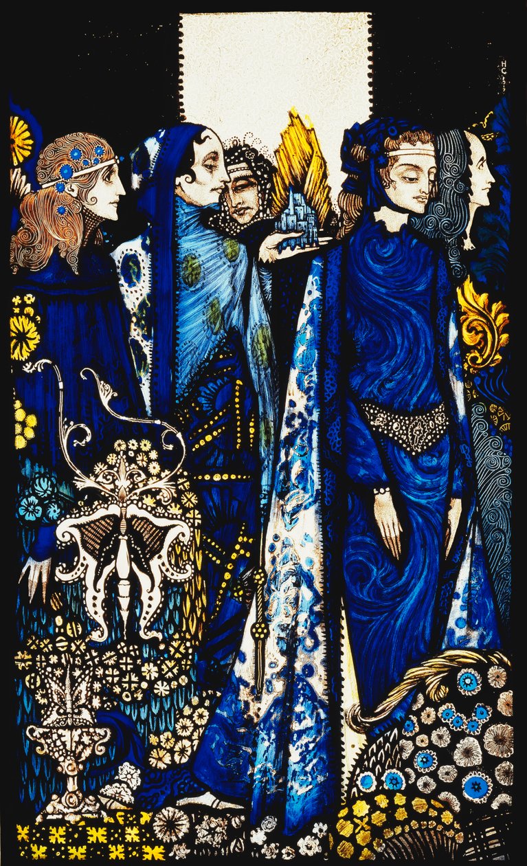 Etain, Helen, Maeve e Fand, Mão De Ouro de Deirdre. "Queens", nove painéis de vidro acidificados, manchados e pintados, ilustrando o poema de JM Synge, 1917 de Harry Clarke