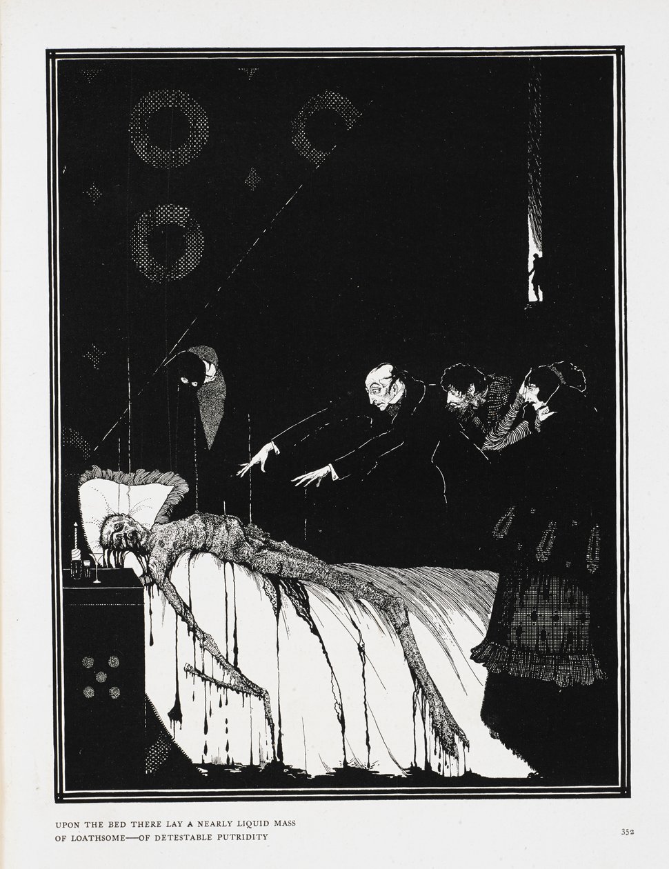 Da cama jazia uma massa quase líquida de repugnante - de detestável putrefação". Ilustração para a história "factos no caso de M. Valdemar". de Harry Clarke