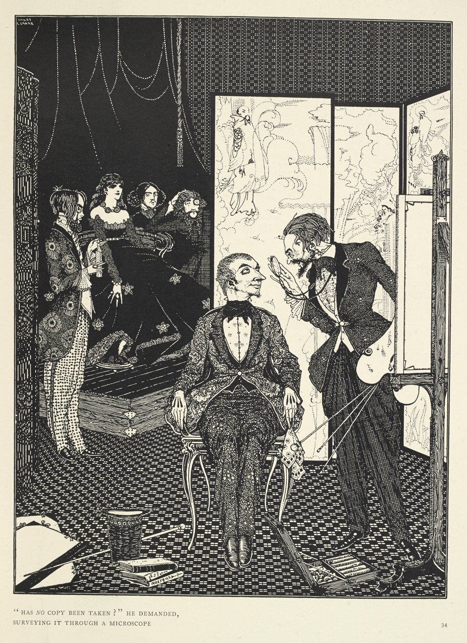 "Não foi tirada nenhuma cópia?", perguntou ele, examinando-a através de um microscópio. Ullustração para a história "O Diabo no Campanário". de Harry Clarke