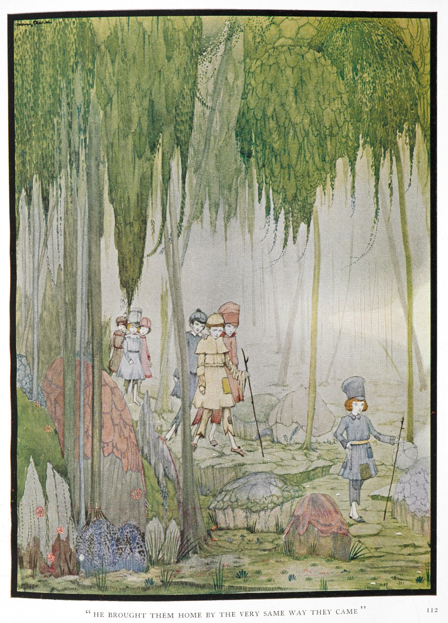 "Ele trouxe-os para casa pelo mesmo caminho por onde vieram." Ilustração para a história "O pequeno polegar". Crianças numa floresta. de Harry Clarke