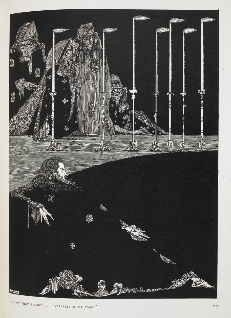"Eu vi-os moldar as sílabas do meu nome". Ilustração para a história "O poço e o pêndulo". de Harry Clarke