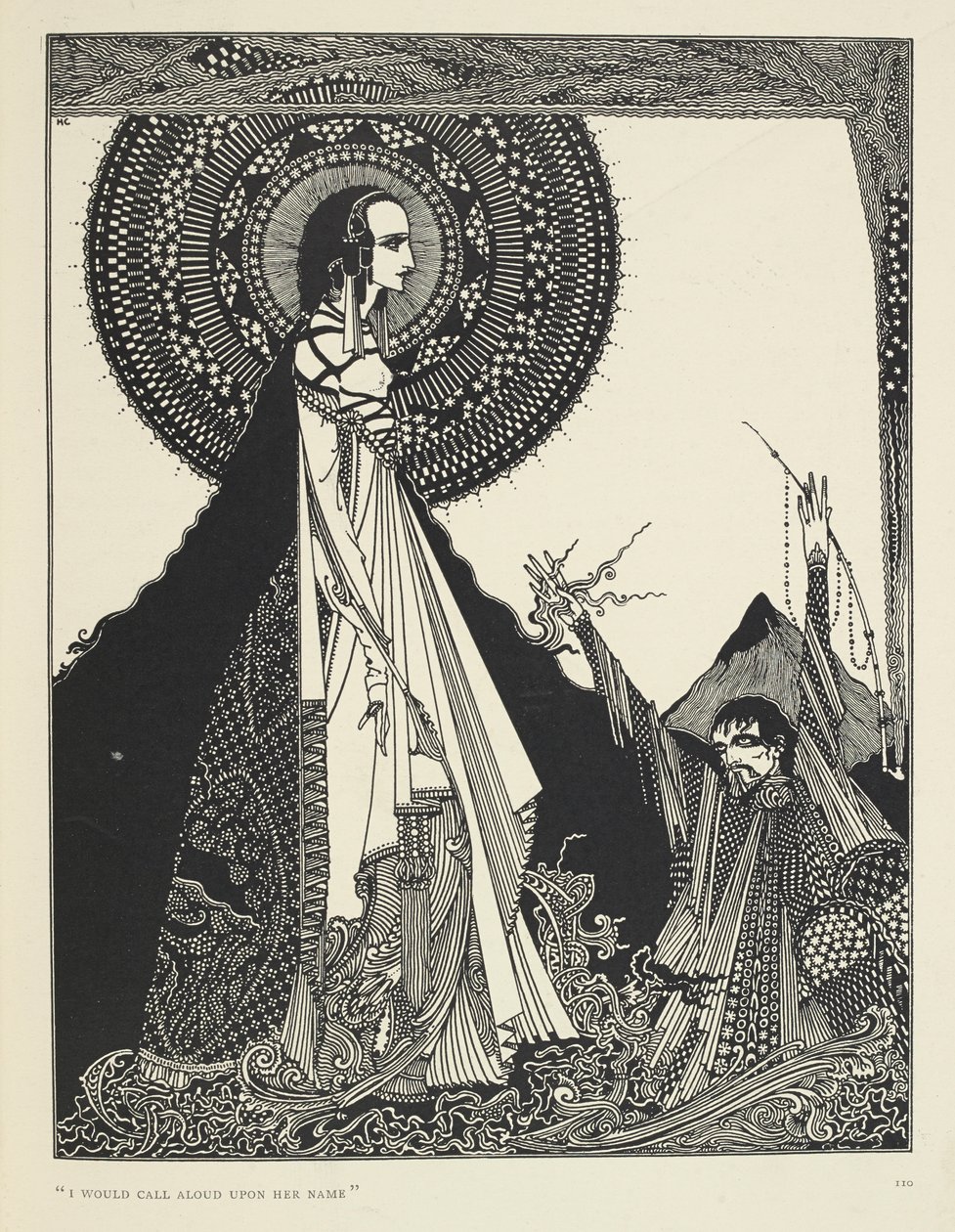 "Eu invocaria em voz alta o seu nome.". Ilustração de Ligeia, um conto.
"Ligeia" é um conto de Edgar Allan Poe. A história segue um narrador sem nome e a sua mulher Ligeia, uma mulher bonita e inteligente de cabelo corvo. Ela adoece, compõe "Th de Harry Clarke