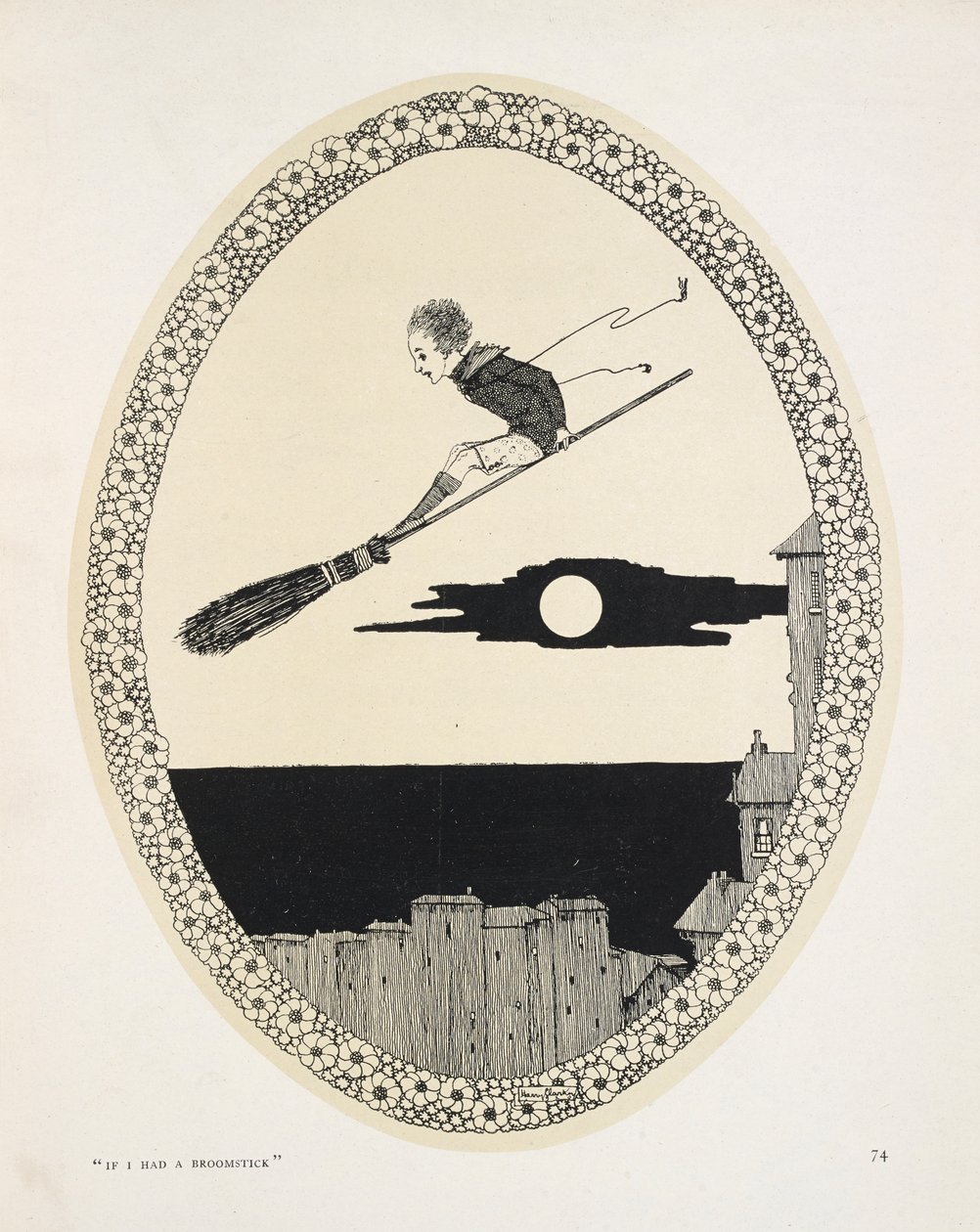 "Se eu tivesse um cabo de vassoura". Ilustração para um poema de Patrick R. Chalmers.
Um rapaz num cabo de vassoura de Harry Clarke