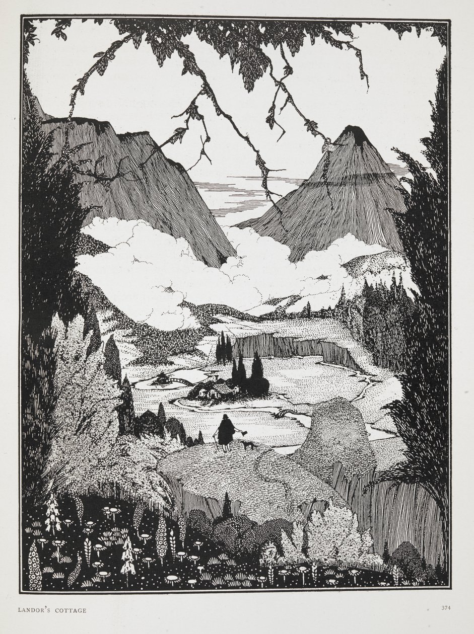 Ilustração para a história "A casa de campo de Landor". Uma paisagem montanhosa. de Harry Clarke