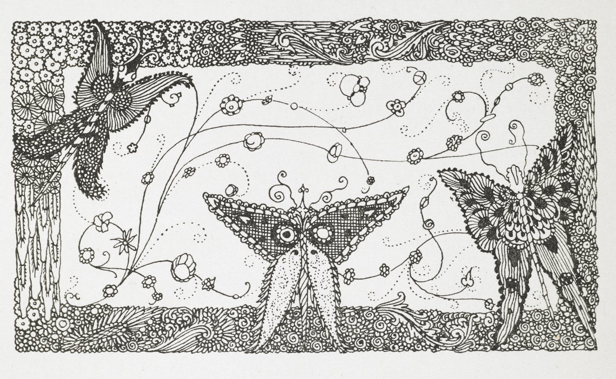 Ilustração para a história "O Mestre Gato ou o Gato das Botas". Desenho de uma borboleta. de Harry Clarke