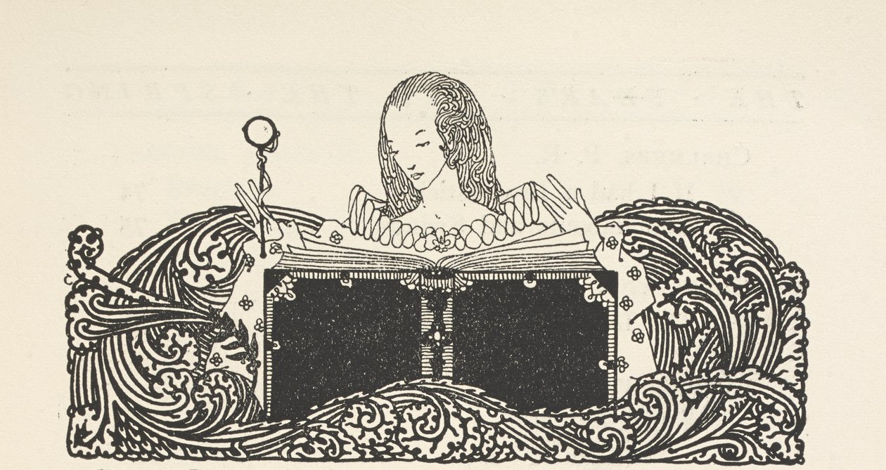 Ilustração, mostrando uma mulher a ler um livro, no topo da página de conteúdos. de Harry Clarke