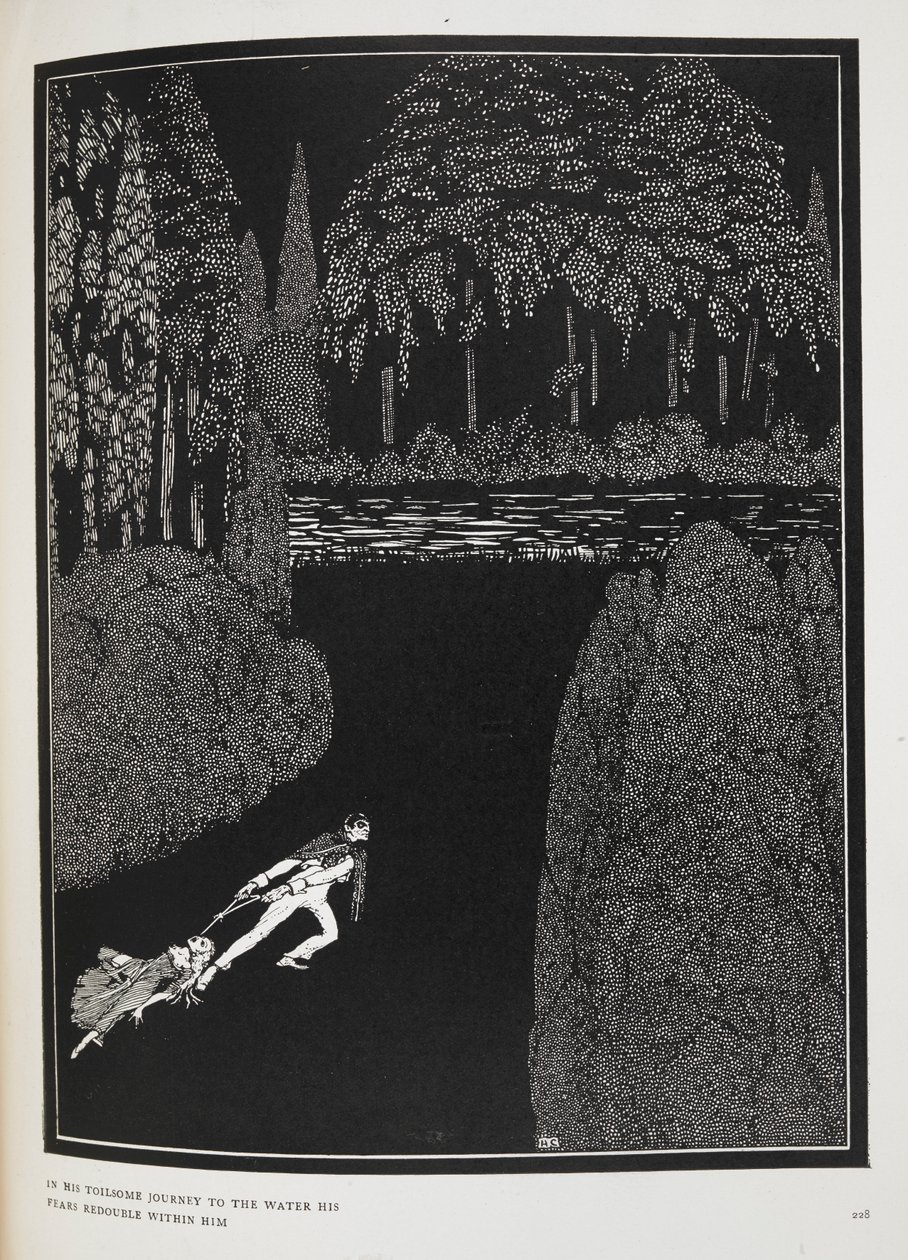 Na sua penosa viagem até à água, os seus medos redobram com ele". Ilustração para a história "O mistério de Marie Roget". de Harry Clarke