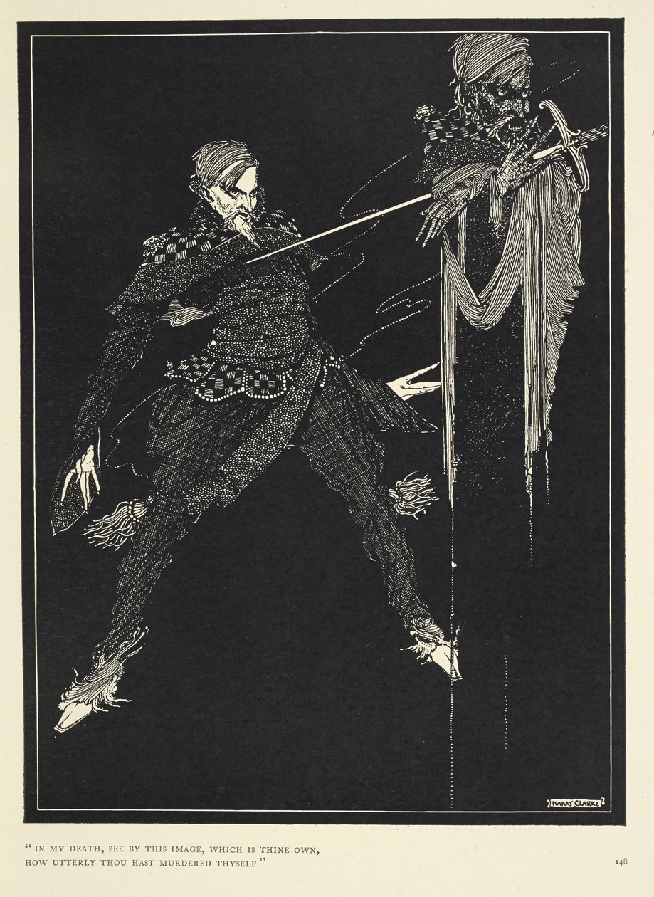 "Na minha morte, vede por esta imagem, que é vossa, como mil pessoas se assassinaram". O duplo do narrador, em "William Wilson", The Gift (1839). de Harry Clarke