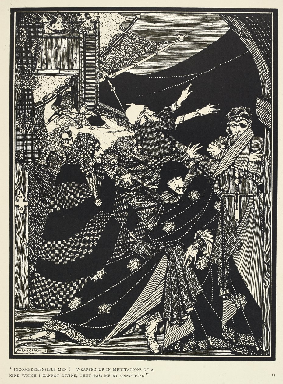 "Homens incompreensíveis! Envolvidos em meditações de um género que não consigo adivinhar, passam-me despercebidos." Ilustração para a história "Menina numa garrafa". de Harry Clarke
