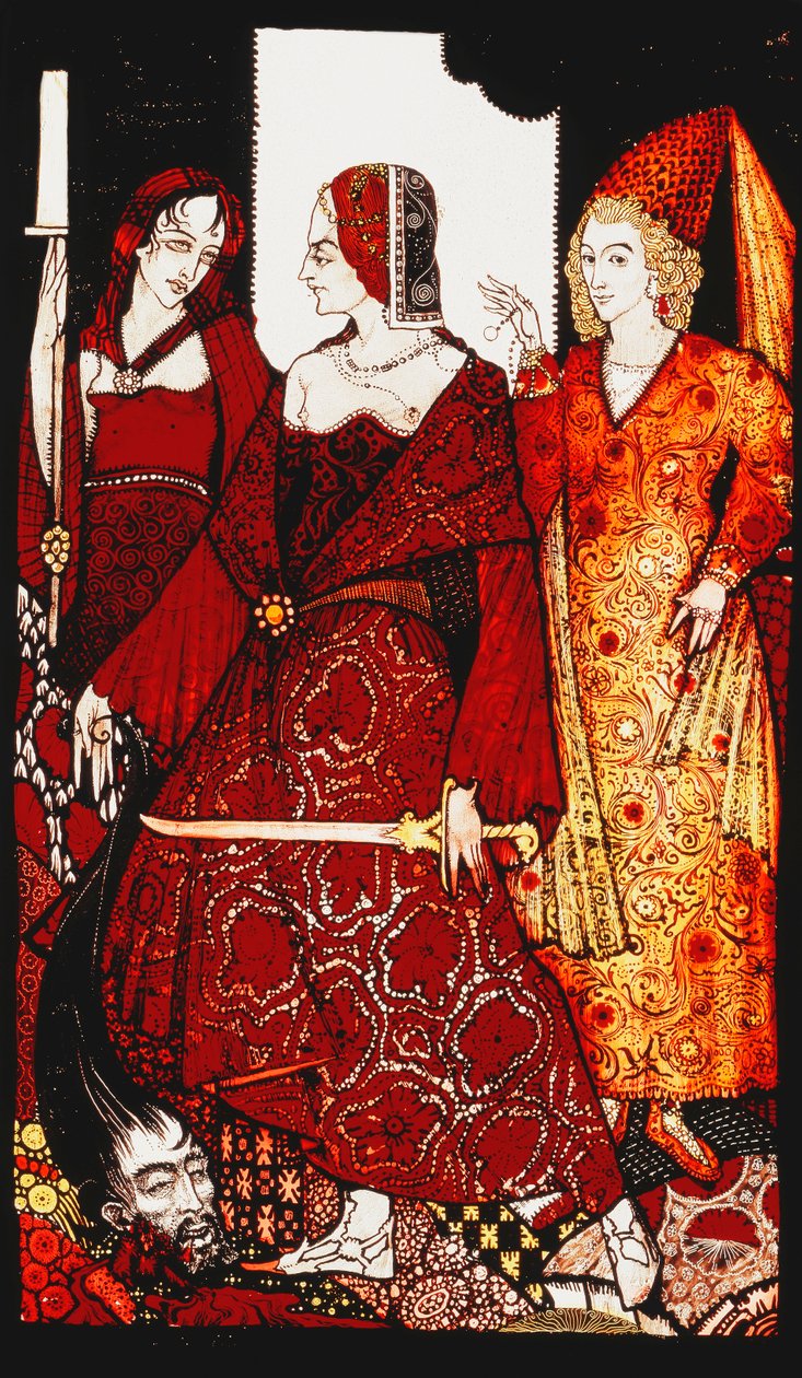 Rainhas que cortaram os porcos de Glanna ... "." Rainhas ", nove painéis de vidro acidificados, manchados e pintados, ilustrando o poema de JM Synge, 1917 de Harry Clarke