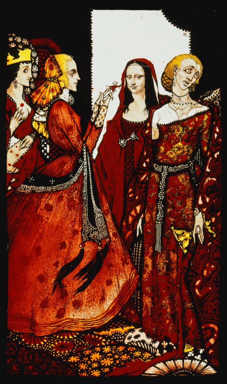 Rainhas cujo dedo uma vez mexeu com os homens "." Rainhas ", nove painéis de vidro acidificados, manchados e pintados, ilustrando o poema de JM Synge, 1917 de Harry Clarke