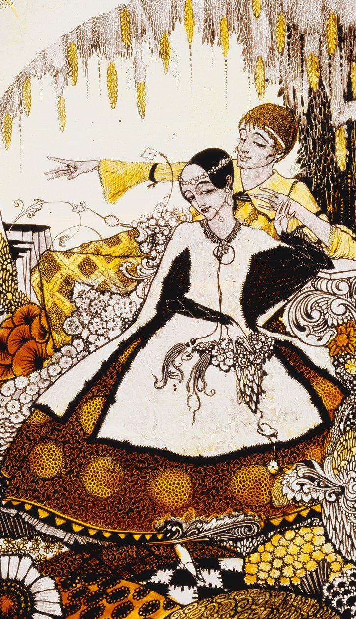 Passamos sete dias de cão, nomeando Queens em Glenmacnass "." Queens ", nove painéis de vidro acidificados, manchados e pintados, ilustrando o poema de JM Synge, 1917 de Harry Clarke