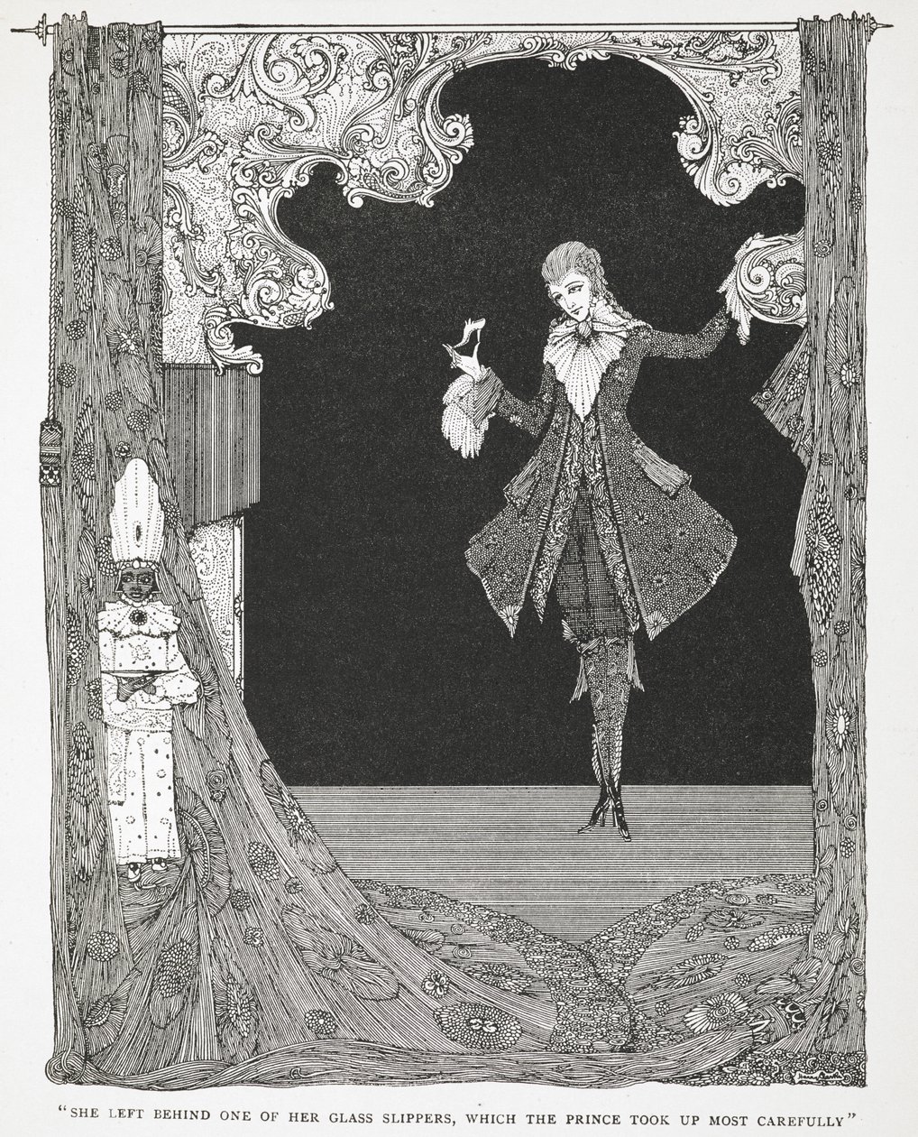 Deixou para trás um dos seus sapatinhos de cristal, que o Príncipe pegou com todo o cuidado". Ilustração para a história Cinderela ou O sapatinho de cristal. de Harry Clarke