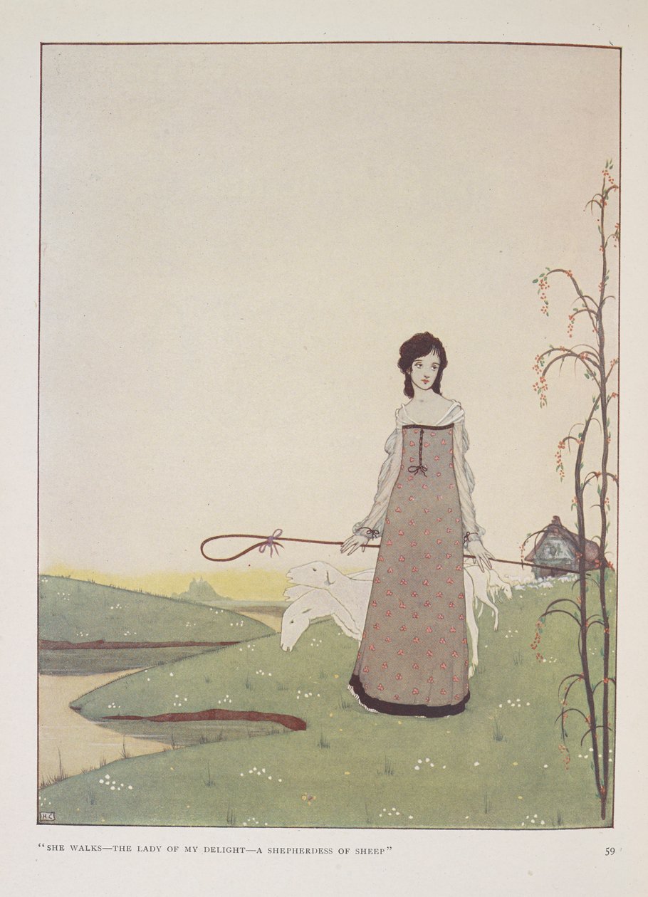 "Ela caminha - a senhora do meu prazer - uma pastora de ovelhas." Ilustração para A pastora, de Alice Meynell. de Harry Clarke