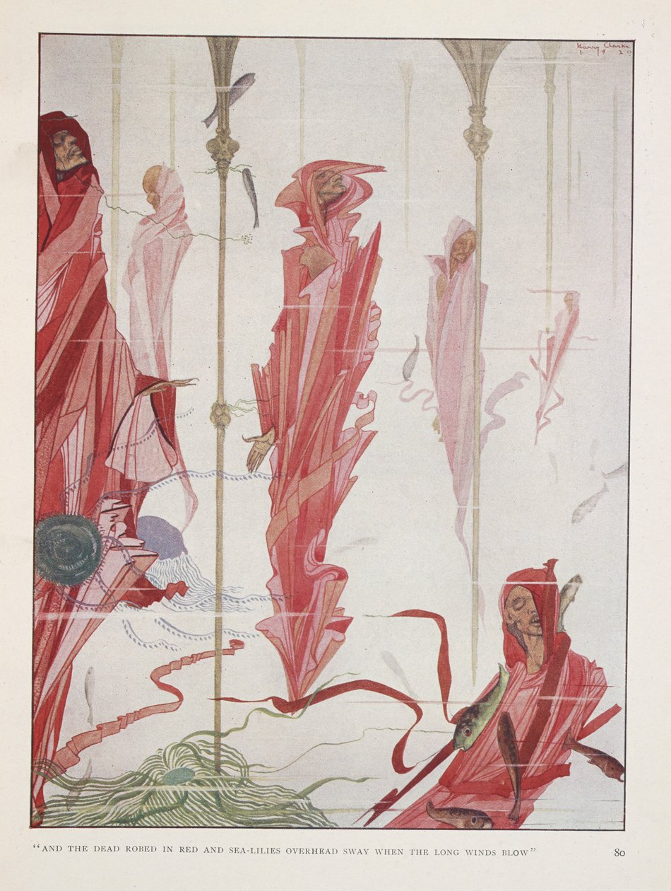 O Patriota Moribundo. "E os mortos vestidos de vermelho e lírios do mar sobre a cabeça
 balançam quando os longos ventos sopram" de Harry Clarke