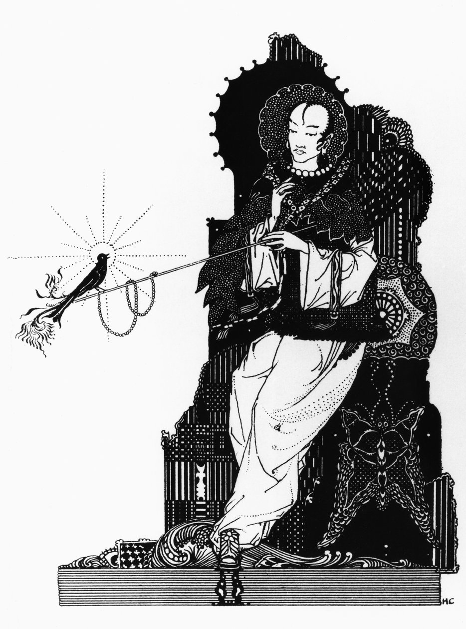 O Imperador e o Rouxinol, ilustração de "O Rouxinol" dos Contos de Fadas de Hans Christian Andersen (1805-75), publicada em Londres, antes de 1914 de Harry Clarke