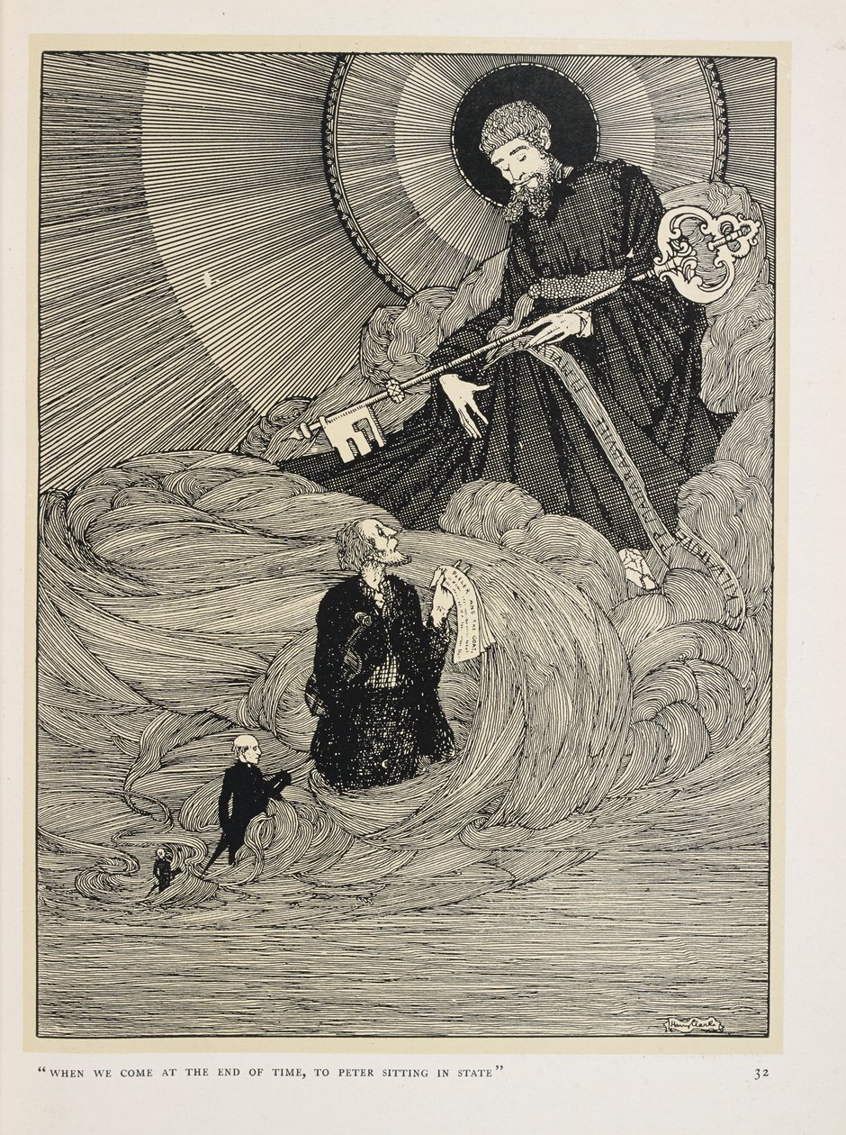 O violinista de Dooney. "Quando chegarmos ao fim dos tempos,
 "e o Pedro sentado no seu lugar" de Harry Clarke