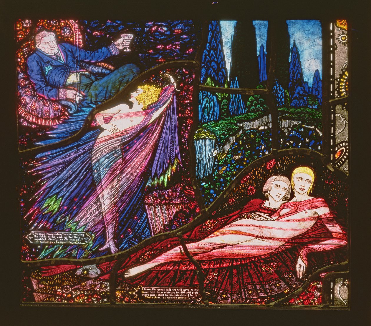 A janela de Genebra retratando o Sr. Gilhooley por Liam OFlaherty e Deirdre por George Russell, 1929 de Harry Clarke