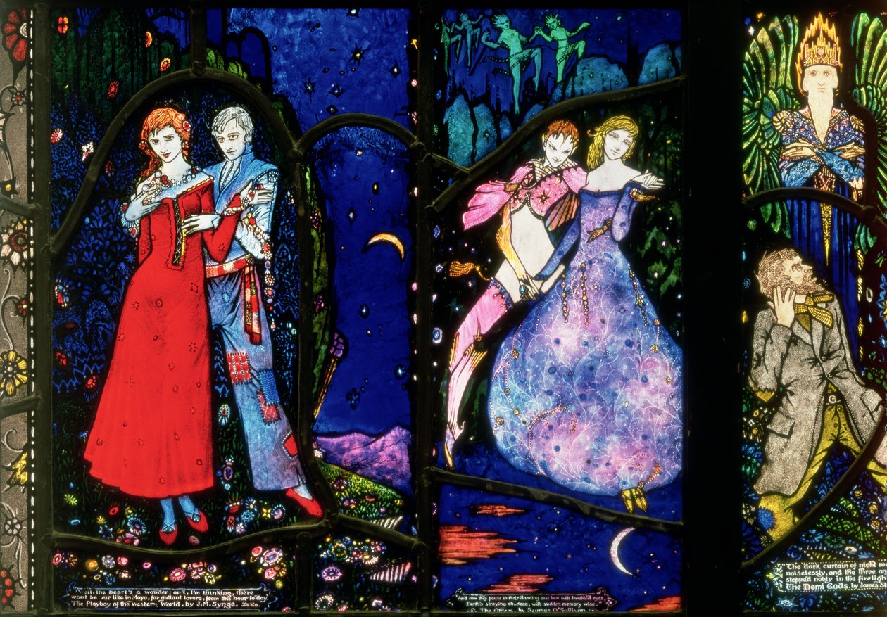 A Janela de Genebra retratando A Playboy do Mundo Ocidental por JM Synge, Os Sonhadores por Seamus OSullivan e Os Deuses Demi por James Stephens, 1929 de Harry Clarke