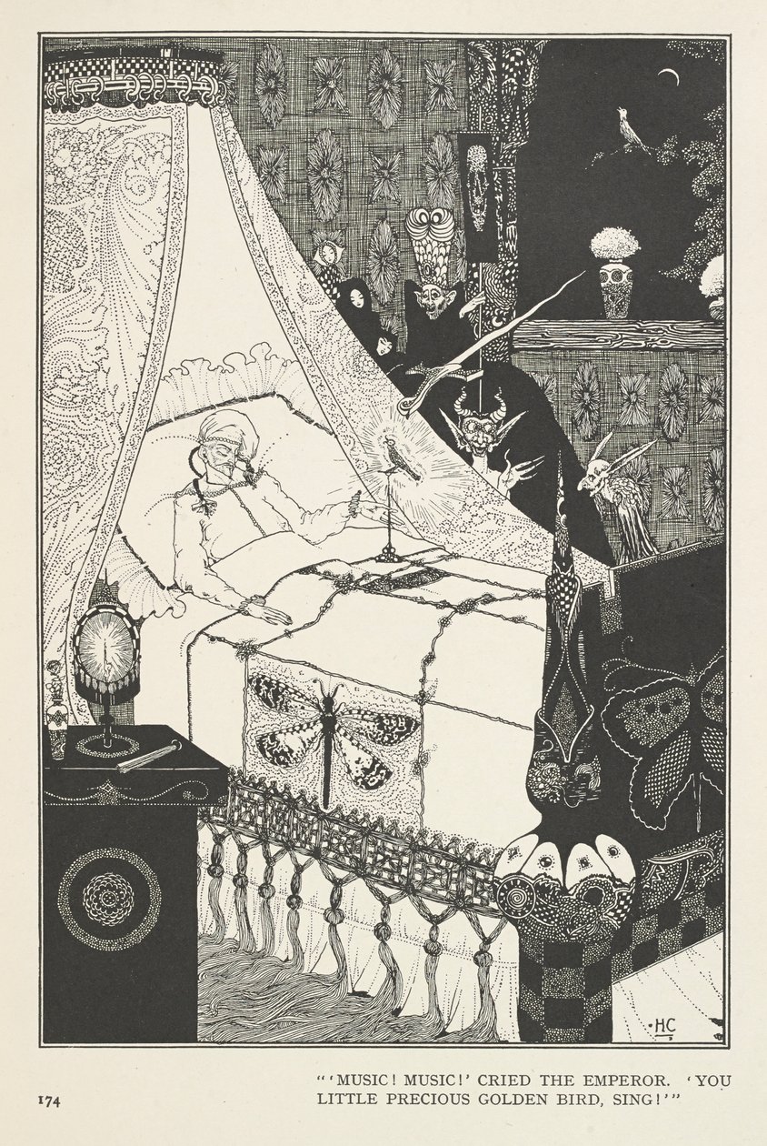 O Rouxinol. "Música! Música!" gritou o Imperador. "Seu pequeno e precioso pássaro dourado, canta!" de Harry Clarke