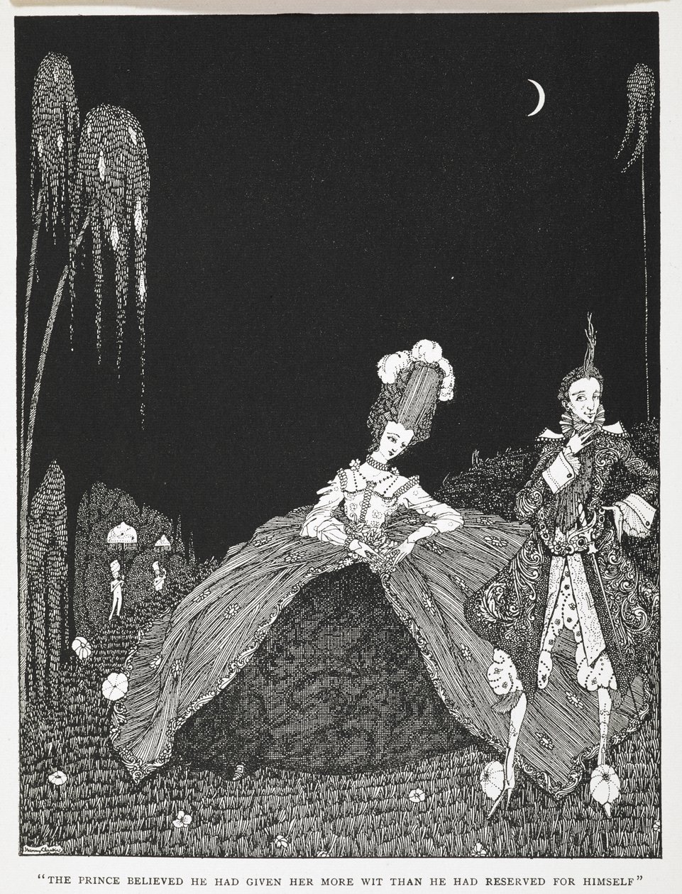 "O Príncipe acreditava que lhe tinha dado mais inteligência do que a que tinha reservado para si." Ilustração para a história "Riquet com o tufo". de Harry Clarke