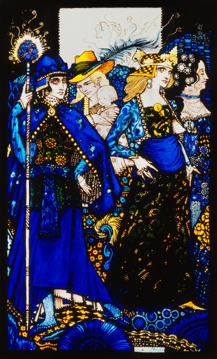 Rainhas de Sheba, Meath e Connaught "." Queens ", nove painéis de vidro acidificados, manchados e pintados, ilustrando o poema de JM Synge, 1917 de Harry Clarke