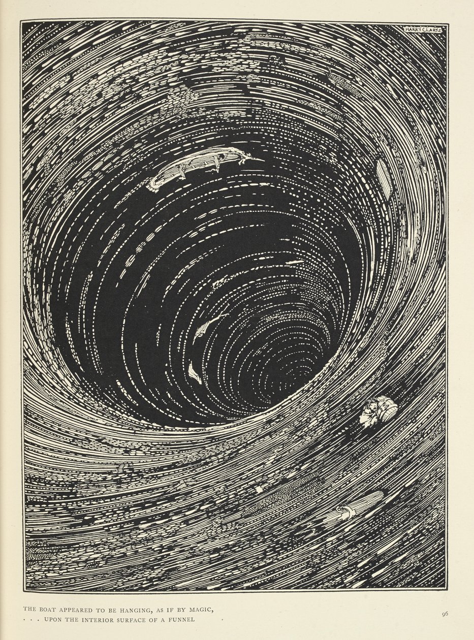 "O barco parecia estar pendurado, ... na superfície interior de um funil de grande circunferência." Ilustração para a história "A Descent into the Maelstrom". de Harry Clarke